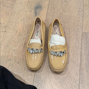 Miu Miu Beige Loafers with Crystal Accents